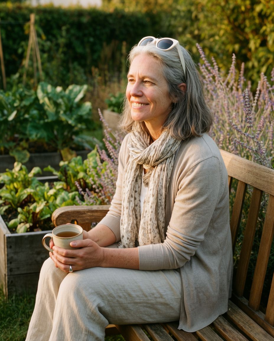 A woman in her sixties with grey hair smiling on a garden bench beside vegetable beds and lavender, holding a mug of tea