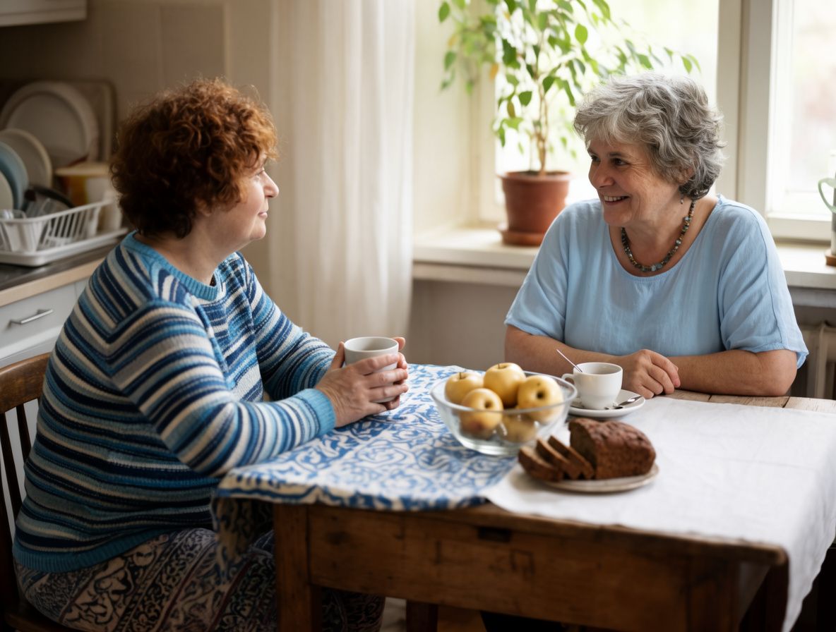 Two women in their late fifties sharing coffee and conversation at a kitchen table