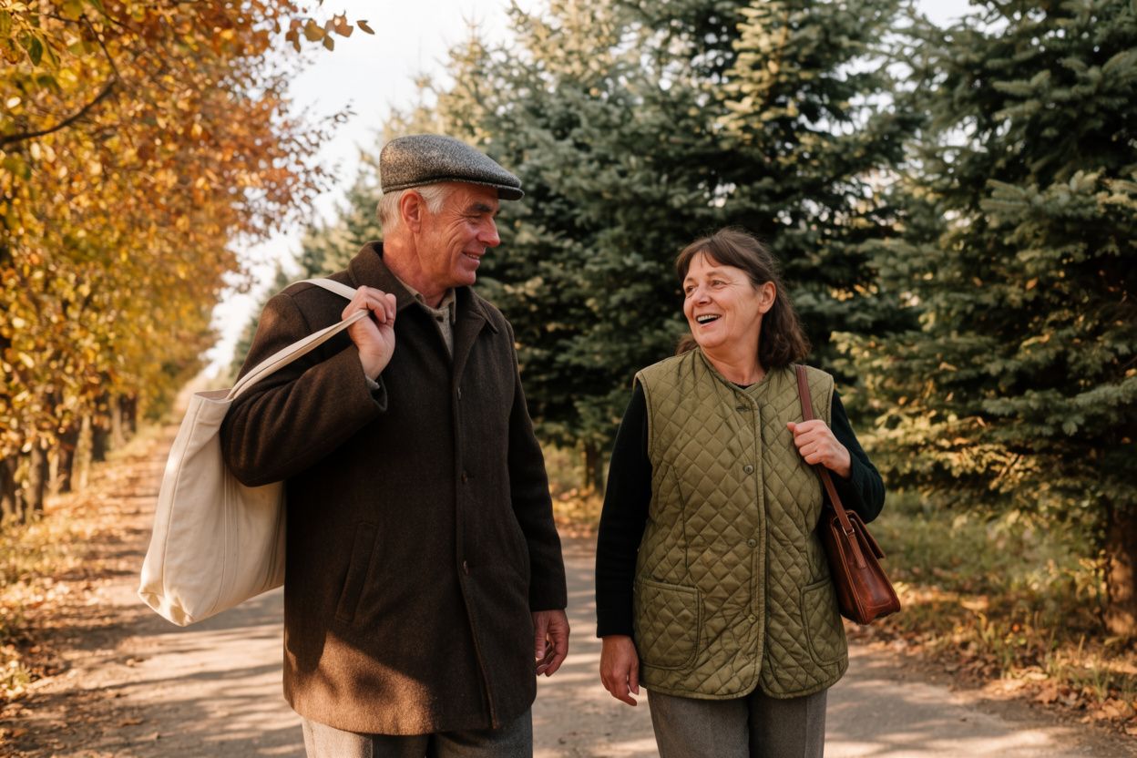 A couple in their sixties laughing together on an autumn country lane